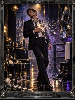 A sharply dressed man staggers through a luxurious nighttime lounge as a glowing heart appears to shatter from his chest into flying glass. Boxing ropes, gloves, broken mirrors, roses, champagne, smoke, and city lights create a dramatic atmosphere. Warm gold and electric violet lighting heighten the cinematic, surreal photographic style.