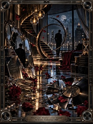A solitary man stands in a luxurious midnight apartment overlooking a glowing city, surrounded by shattered mirrors, broken records, fallen roses, and a spiraling staircase. Deep blacks, bronze highlights, crimson petals, and moonlit blue create a dramatic noir mood, symbolizing betrayal, consequence, repetition, and emotional reckoning.