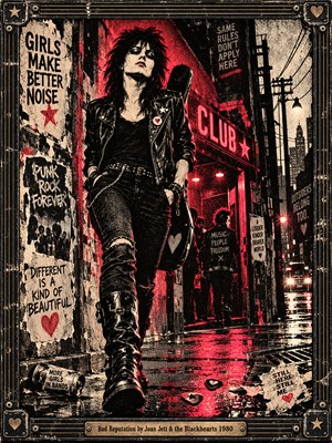 A defiant punk rocker strides through a rain-slick street outside a neon-lit club, her leather jacket and towering boots commanding the foreground. Crimson reflections illuminate torn posters, graffiti, and shadowy figures. Gritty black-and-cream screen-print textures, dramatic contrasts, and a riveted metal frame with an engraved plaque capture rebellious energy.