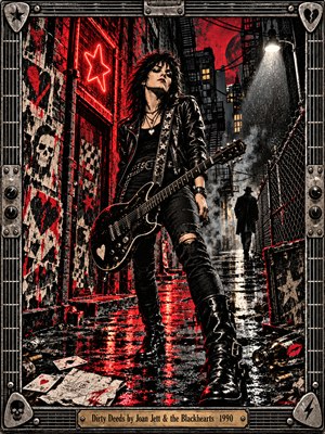 A defiant black-haired rocker carries her electric guitar through a rain-soaked alley glowing with crimson neon. Torn posters, scattered debris, drifting smoke, and a distant shadowy figure create sinister tension. Dramatic lighting illuminates glossy pavement, while gritty screen-print textures and a guitar-inspired metal frame capture rebellious rock energy.