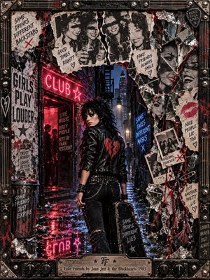 A defiant black-haired rocker carries a guitar case through a rain-soaked alley illuminated by crimson neon. Torn photographs, shattered mirrors, graffiti, and tangled threads symbolize betrayal and false friendship. Blue reflections shimmer across wet pavement, while distressed textures, dramatic shadows, and a studded metal frame complete this gritty punk collage.