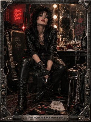 A defiant black-haired rocker dressed in leather sits inside a smoky backstage dressing room, surrounded by guitars, cracked mirrors, scattered records, and dangling chains. Crimson neon and warm vanity lights illuminate her intense expression against deep shadows. Cinematic photographic realism, distressed metal framing, and engraved details evoke rebellious passion and obsession.