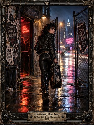 A rebellious young woman in black leather strides through a rain-soaked city alley, carrying a battered guitar case. Crimson neon, amber streetlights, and cool blue shadows illuminate wet pavement and torn posters. Cinematic 1980s photography captures defiance and freedom, enclosed within a weathered metallic guitar-themed frame with engraved titleplate.