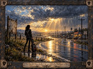 A lone leather-clad woman holding a guitar case watches a rain-soaked highway curve toward a quiet town. Golden sunlight breaks through towering blue-gray storm clouds, illuminating falling rain and shimmering pavement. Expressive oil-paint textures heighten the wistful, defiant mood, while a distressed guitar-string frame and engraved plaque complete the scene.