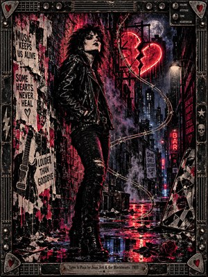 A defiant woman in black leather stands in a rain-soaked city alley beneath a glowing, fractured neon heart. Crimson reflections shimmer across wet pavement, surrounded by torn posters, shattered mirrors, and tangled guitar strings. Dramatic shadows, smoky purple lighting, and distressed punk printmaking create a rebellious atmosphere of heartbreak and resilience.