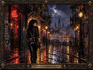 A rebellious dark-haired guitarist walks through rain-soaked New Orleans streets beneath glowing neon signs and ornate iron balconies. Crimson and golden reflections shimmer across wet pavement, while distant steamboats and cathedral spires emerge through smoky moonlight. Rich oil-painted textures and an elaborate bronze frame evoke gritty rock-and-roll nostalgia.
