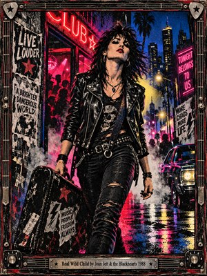 A leather-clad rocker strides defiantly through a smoky city street, guitar case in hand, beneath glowing nightclub signs. Crimson and magenta neon illuminate rain-soaked pavement, contrasting with cobalt skyscrapers and golden streetlights. Gritty halftone textures, torn posters, and a metallic guitar-themed frame capture the rebellious, electrifying rock atmosphere.