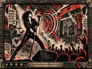 A defiant black-haired rocker grips a microphone on a crowded nightclub stage, surrounded by explosive red sound waves, spotlights, amplifiers, and raised fists. Distressed black, cream, and crimson screen-print textures create a rebellious punk atmosphere. Guitar-inspired metal framing and an engraved title plate complete this energetic concert scene.