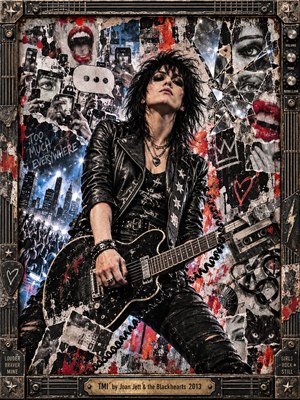 A defiant black-haired rocker grips a battered electric guitar amid torn posters, raised smartphones, shattered mirrors, and screaming mouths. Crimson splashes and electric blue stage lights illuminate gritty monochrome textures. The energetic punk collage captures rebellion against overwhelming noise, surrounded by an ornate, riveted metal frame and engraved title plate.