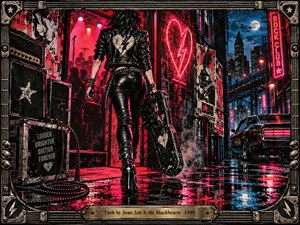 A leather-clad rocker strides toward a glowing nightclub through a rain-slick city alley, carrying a battered guitar case. Crimson neon, electric blue shadows, smoky haze, amplifiers, and a vintage muscle car create rebellious nighttime energy. Distressed screen-print textures, a riveted metallic frame, and an engraved brass title plate complete the gritty composition.