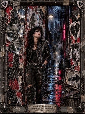 A defiant black-haired rocker stands in a rain-soaked urban alley, surrounded by shattered mirrors, torn posters, and weathered brick walls. Crimson neon and icy blue reflections illuminate the gritty punk collage. Stormy skies, distant skyscrapers, and an ornate metallic guitar-inspired frame evoke rebellion, isolation, and resilience.