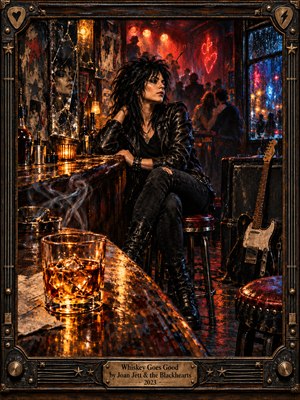 A leather-clad rocker sits alone in a smoky bar, her distant gaze reflected in a cracked mirror. Amber whiskey glows across polished wood as red stage lights mingle with rainy blue neon. An electric guitar, shadowy patrons, and an ornate metal frame complete this richly textured, defiant rock-and-roll painting.