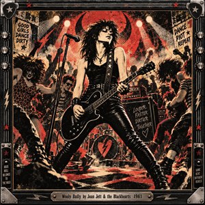 A fierce black-haired guitarist dominates a crowded rock club as dancers whirl beneath blazing red lights. Distressed screen-print textures and grainy halftone shadows evoke vintage punk posters. Crimson, cream, and black amplify the rebellious mood, while lightning symbols, amplifiers, chrome knobs, and a riveted frame complete the composition.