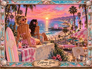 Two glamorous women overlook a lively California beach at sunset, surrounded by palms, surfboards, neon architecture, and a glowing pier. Pink, turquoise, coral, and gold dominate the playful palette, while warm evening light creates a dreamy, celebratory mood. The richly detailed digital painting is framed with retro coastal ornament and a central title plate.