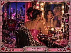 A glamorous woman sits at a glowing vanity in a richly decorated nighttime dressing room, surrounded by cherries, cosmetics, records, and romantic keepsakes. Pink, crimson, gold, and violet tones shimmer under warm bulbs and neon city light. The sensual, playful composition blends vintage glamour, pop fantasy, and suggestive reflection.