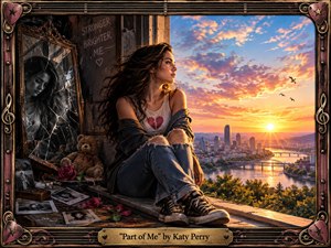 A young woman sits beside a shattered mirror overlooking a glowing city at sunset, poised between heartbreak and renewal. Warm gold, rose, and blue light contrasts with shadowed memories, scattered photographs, wilted flowers, and a worn teddy bear. Detailed cinematic realism, textured materials, and the ornate musical frame reinforce resilience and transformation.