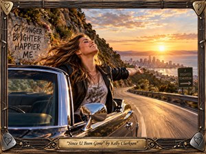 A joyful woman rides in a sleek convertible along a winding coastal road at sunset, arms outstretched and hair flowing in the breeze. Golden light illuminates the ocean, distant city, mountains, and dramatic clouds. A handcrafted guitar-inspired frame surrounds the scene, while weathered signs and engraved metalwork reinforce its liberated, triumphant mood.
