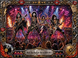 A flamboyant glam-rock band commands a packed nighttime stage, surrounded by roaring flames, falling confetti, bright spotlights, and cheering fans. Vivid reds, purples, golds, chrome, and deep blacks create an explosive concert atmosphere. Textured acrylic-style brushwork, theatrical costumes, guitars, drums, neon accents, and an ornate rock-themed frame amplify the celebratory energy.