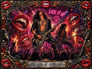 A blazing glam-rock concert erupts beneath neon pink lights, with leather-clad guitarists commanding a roaring crowd amid flames, smoke, and oversized glossy red lips. Saturated crimson, purple, black, chrome, and gold create a rebellious 1980s atmosphere. An ornate musical frame surrounds the painterly scene, finished with an engraved title plate.