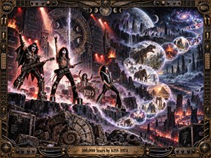 Four theatrical rock musicians perform on a fiery stone stage as swirling portals reveal prehistoric creatures, ancient civilizations, and distant galaxies. Crimson spotlights illuminate metallic costumes against violet mist and cosmic darkness. This elaborate digital fantasy artwork combines explosive concert energy, mysterious timelessness, and an ornate bronze guitar-inspired frame.
