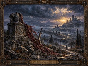 A solitary traveler crosses a misty valley of ruined monuments, beneath stormy blue-gray skies pierced by golden sunlight. A shattered statue, weathered sword, and tattered crimson banner symbolize forgotten heroism. This atmospheric oil painting blends melancholy and distant hope, enclosed within an ornate bronze frame with musical detailing.