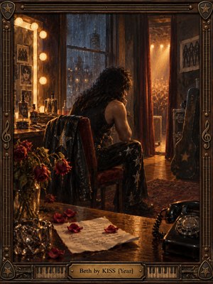 A solitary rock musician sits in a dim backstage dressing room, caught between glowing stage lights and a rain-streaked night window. Wilted roses, a handwritten letter, and a silent rotary telephone suggest longing and regret. Rich amber and blue shadows shape the intimate oil painting, enclosed by ornate wood and brass.