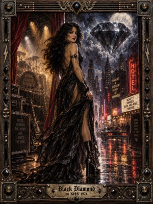 A mysterious dark-haired woman in flowing black stands between a smoky concert stage and rain-soaked neon streets. A massive black diamond glitters beneath moonlit clouds. Rich amber, crimson, and violet lighting creates dramatic contrasts. This detailed oil painting captures 1970s rock glamour within an ornate metallic frame featuring guitar hardware.