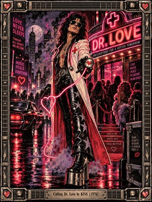 A swaggering glam-rock doctor dominates a rain-soaked city street, his glowing stethoscope forming a neon heart. Crimson and magenta lights illuminate smoky buildings, nightclub crowds, and a vintage muscle car. Grainy 1970s screen-print textures, dramatic shadows, and an ornate guitar-themed metal frame create a rebellious, seductive atmosphere.