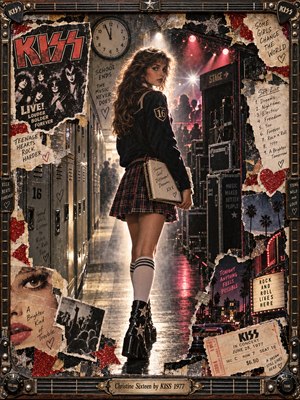 A teenage girl glances back in a smoky corridor between school lockers and a glowing rock stage. Torn KISS posters, concert tickets, handwritten notes, and glittering stars create a nostalgic 1970s collage. Crimson spotlights, golden reflections, and deep shadows heighten the rebellious atmosphere, enclosed by an ornate guitar-inspired metallic frame.