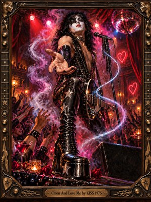 A flamboyant glam rock performer reaches toward an ecstatic crowd beneath crimson spotlights and swirling violet smoke. Studded leather, towering platform boots, neon hearts, and shimmering reflections evoke seductive 1970s nightlife. Rich painterly textures and dramatic lighting animate the scene, enclosed within an ornate bronze musical frame and engraved title plate.