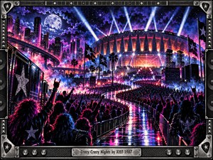 A vast crowd of rock fans surges toward a glowing stadium beneath a moonlit city skyline. Neon magenta, electric blue, and violet illuminate swirling smoke, sweeping spotlights, and reflective pavement. This energetic 1980s screen-print illustration captures rebellious celebration, framed by metallic guitar hardware, speaker grilles, and an engraved title plate.