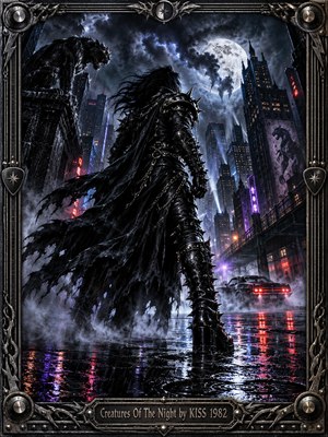 A towering leather-clad warrior dominates a rain-soaked gothic city beneath a luminous full moon. Storm clouds, snarling gargoyles, and neon-lit skyscrapers create an ominous atmosphere. Crimson and violet reflections shimmer across wet pavement. Dramatic digital painting, cinematic lighting, and an ornate metallic frame evoke supernatural power and rebellious intensity.