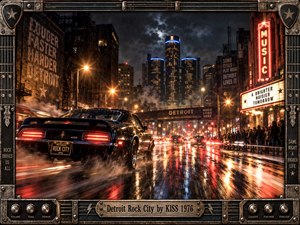 A black muscle car races through rain-soaked Detroit streets beneath a stormy midnight sky. Neon marquees, glowing taillights, and amber streetlamps reflect across slick pavement, creating cinematic motion and electric anticipation. Towering skyscrapers loom beyond smoky avenues. A weathered metallic frame with guitar details and an engraved title plate completes the scene.