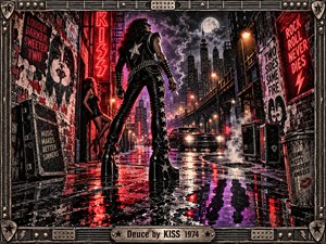 A defiant leather-clad rocker stands in a rain-soaked city alley, surrounded by towering brick walls, torn posters, and blazing neon. Crimson and violet reflections shimmer across wet pavement beneath a smoky moonlit skyline. This gritty, vintage screen-print composition radiates rebellious 1970s energy, enclosed within a studded, guitar-inspired metallic frame.