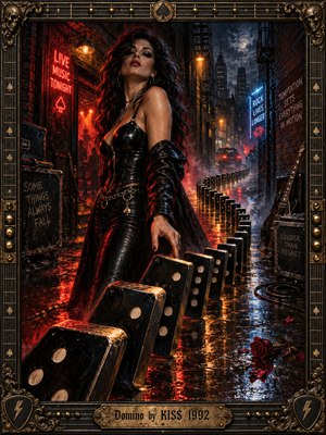 A confident woman in black leather commands a rain-soaked alley as oversized dominoes curve toward distant city lights. Crimson and blue neon shimmer across puddles, amplifiers, and brick walls. Dramatic shadows, smoky atmosphere, and richly textured oil-painting details evoke dangerous rock glamour, enclosed by an ornate metallic frame.