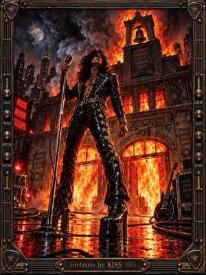 A commanding glam rock singer stands before a blazing firehouse beneath a smoky midnight sky. Fiery oranges and reds illuminate black leather, chrome, and rain-soaked pavement. Towering architecture, swirling smoke, and glowing reflections create theatrical intensity. Rich painterly textures and an ornate metallic frame evoke the rebellious spirit of 1970s rock.