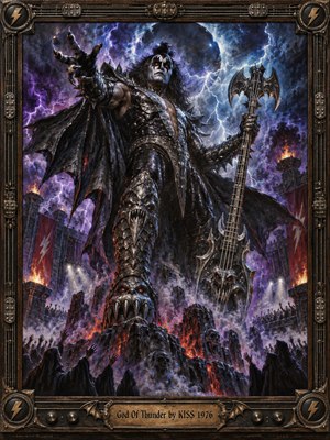 A towering, armored rock deity dominates a storm-filled arena, wielding a menacing bass guitar above shadowy worshippers. Electric blue lightning illuminates swirling purple clouds, fiery ruins, and sinister sculpted armor. Dramatic oil painting textures create an atmosphere of supernatural power, enclosed within an ornate metallic frame with an engraved bronze title plate.