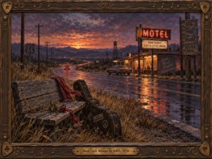 A weathered roadside motel glows beneath a fiery violet sunset, its warm lights reflecting across rain-soaked pavement. A deserted bench, crimson scarf, wilted rose, and battered guitar case evoke heartbreak and wandering. Distant taillights trace a winding highway through lonely hills. Rich oil textures and ornate bronze framing deepen the nostalgic melancholy.