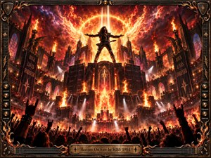 A leather-clad guitarist stands triumphantly above a roaring crowd inside a towering gothic rock arena. Blazing orange flames, crimson storm clouds, and radiant golden halos engulf cathedral spires and massive amplifiers. Brilliant spotlights pierce swirling smoke, while an ornate bronze guitar-themed frame completes this explosive, cinematic digital fantasy.