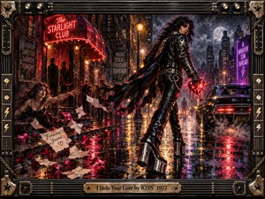A rebellious leather-clad rocker strides through a rain-soaked city, clutching a glowing crimson heart as a desperate woman reaches after him. Neon reflections, scattered love letters, and swirling petals intensify the dramatic 1970s atmosphere. Rich oil-painted textures, theatrical lighting, and an ornate guitar-inspired metal frame complete the electrifying scene.