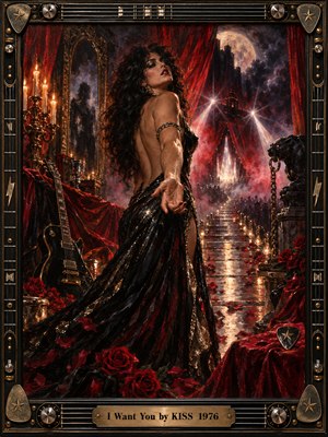 A glamorous woman in a shimmering black gown beckons beneath crimson curtains and theatrical spotlights. Roses, candlelight, and a black electric guitar enrich the mysterious gothic setting. Deep reds, gold, and smoky shadows create seductive tension. Expressive oil painting textures and an ornate metallic guitar-themed frame evoke 1970s rock extravagance.
