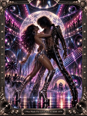A glamorous couple embraces on a reflective dance floor beneath a luminous moon, surrounded by dancing silhouettes and sparkling disco lights. Electric pink, violet, and blue illuminate glittering costumes, futuristic architecture, and swirling cosmic reflections. This detailed digital artwork captures passionate 1970s disco-rock energy within an ornate metallic musical frame.