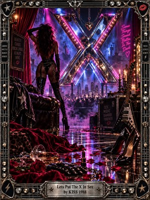 A leather-clad figure stands before a towering chrome X in a smoky, neon-lit rock club. Magenta and electric blue light illuminates velvet curtains, guitars, candles, and scattered rose petals. Glossy reflections heighten the seductive 1980s glam-rock atmosphere, while an ornate metallic frame surrounds the dramatic, richly detailed digital artwork.