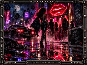 A leather-clad woman strides toward a neon-lit nightclub beneath glowing crimson lips. A black muscle car, smoky streets, and moonlit skyscrapers evoke rebellious 1980s nightlife. Electric pink, purple, and red reflections shimmer across wet pavement. Dramatic digital artistry and a studded metallic guitar-inspired frame amplify the seductive rock atmosphere.