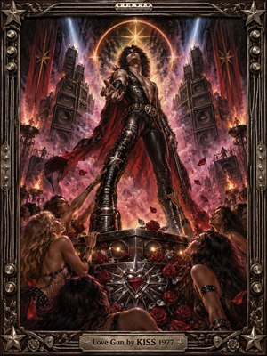 A commanding glam rock star towers above an adoring crowd amid monumental amplifiers, swirling purple smoke, crimson roses, and fiery stage lights. Rich oil painting textures capture theatrical passion, electric energy, and 1970s extravagance. Golden starbursts illuminate black leather and chrome details, enclosed within an ornate metallic guitar-inspired frame.