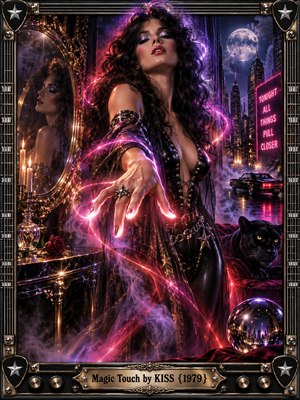 A glamorous dark-haired woman reaches through swirling magenta light in a moonlit city chamber, her reflection glowing beside candles and a crimson rose. A black panther watches from velvet shadows as neon streets shimmer beyond. Rich purple, chrome, and gold illuminate this seductive, surreal glam-rock portrait within a guitar-inspired metallic frame.