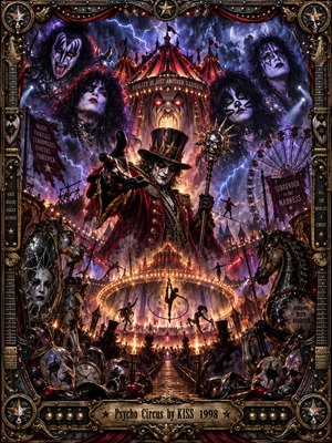 A sinister ringmaster commands a haunted circus beneath lightning-filled purple skies, surrounded by ghostly rock performers, eerie carousel horses, and glowing carnival tents. Crimson, gold, and electric blue illuminate swirling smoke and theatrical chaos. Intricate digital fantasy artwork captures menacing spectacle, framed by ornate metallic guitar details and an engraved title plate.