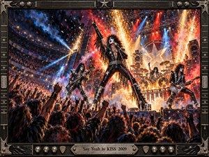 A flamboyant rock band commands a packed arena as the singer raises one arm above cheering fans. Fiery golden pyrotechnics, electric blue spotlights, and crimson smoke illuminate the stage. Rich painterly textures capture the triumphant energy, while an ornate black metallic frame with guitar-inspired details surrounds the spectacle.