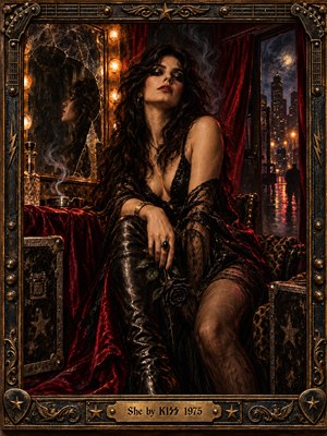 A mysterious dark-haired woman lounges in a smoky backstage room, holding a black rose beneath glowing vanity bulbs. A cracked mirror reflects her silhouette while rain-slick city lights shimmer beyond crimson curtains. Rich bronze, burgundy, and black oil-painted textures create seductive tension, enclosed by an ornate guitar-inspired frame.