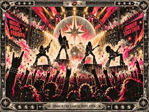 A thunderous 1970s rock concert erupts beneath golden spotlights, crimson beams, and swirling smoke. Four silhouetted performers command a towering stage above cheering crowds. Vintage screen-print textures, electric pink highlights, dramatic starbursts, and stacked amplifiers convey rebellious excitement. An ornate metallic frame with guitar hardware surrounds the explosive scene.